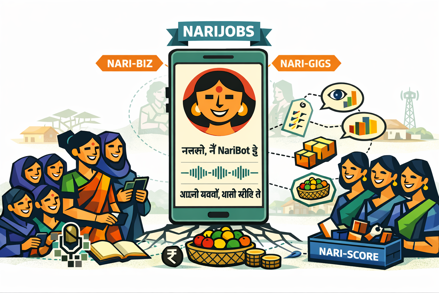 NariBot — Paise Ki Saathi illustration showing women, NariBiz, NariGigs, NariJobs, NariScore